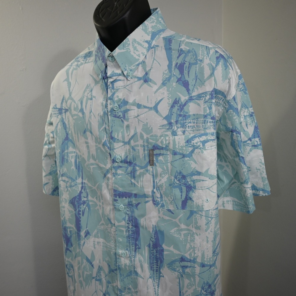Columbia PFG Button Up Mens XXL Regular Blue Marlin Fish Print Short Sleeve